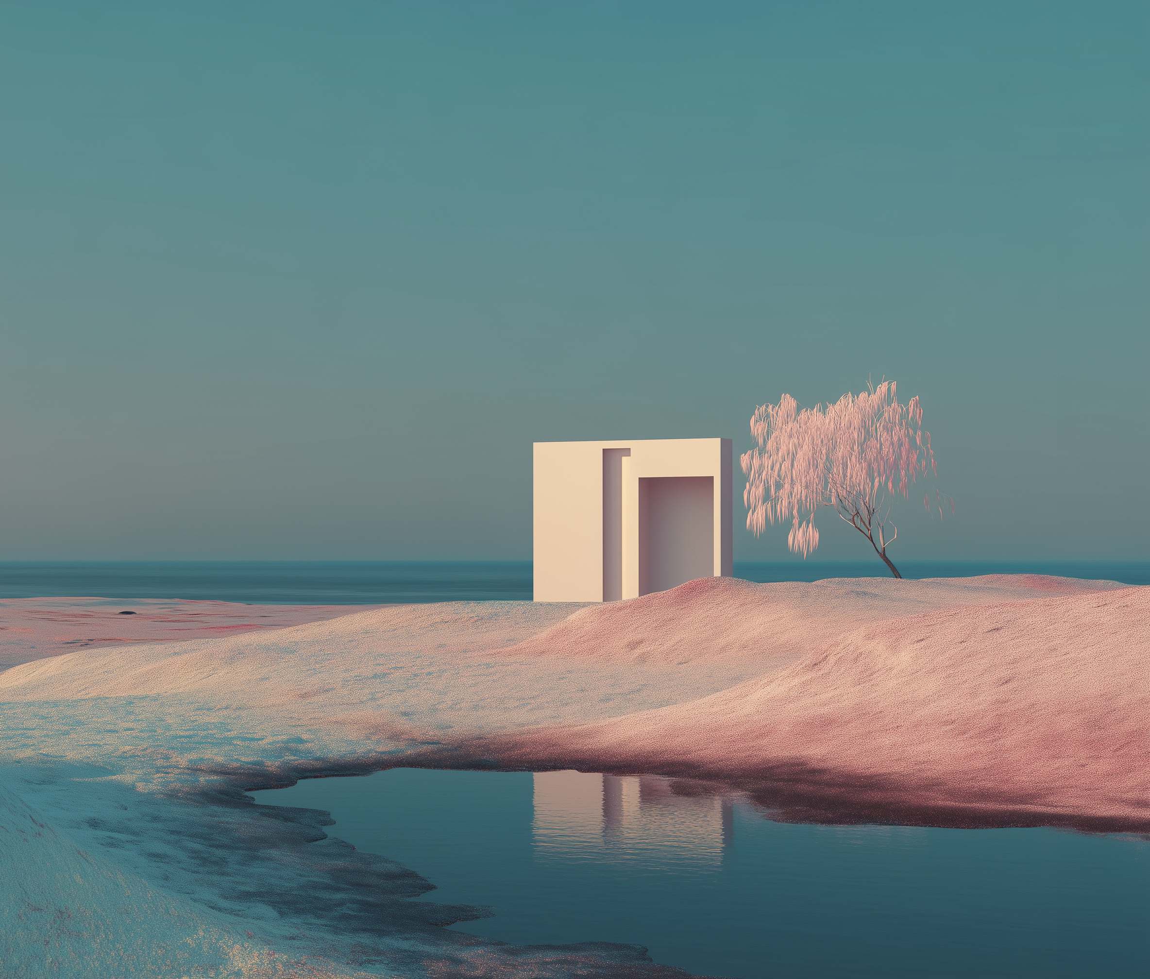 Abstract architectural landscape with building and tree reflections