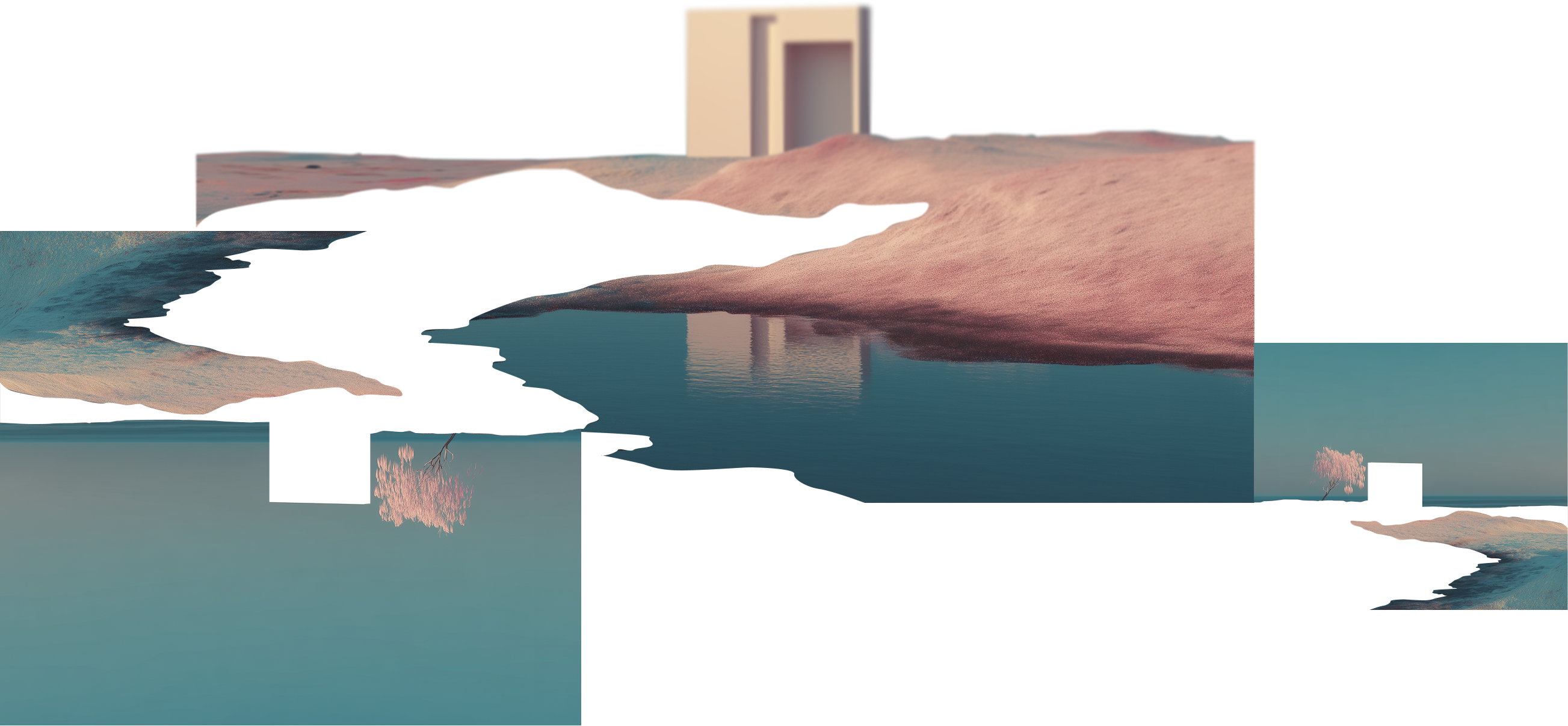 Abstract landscape with architectural elements and water reflections